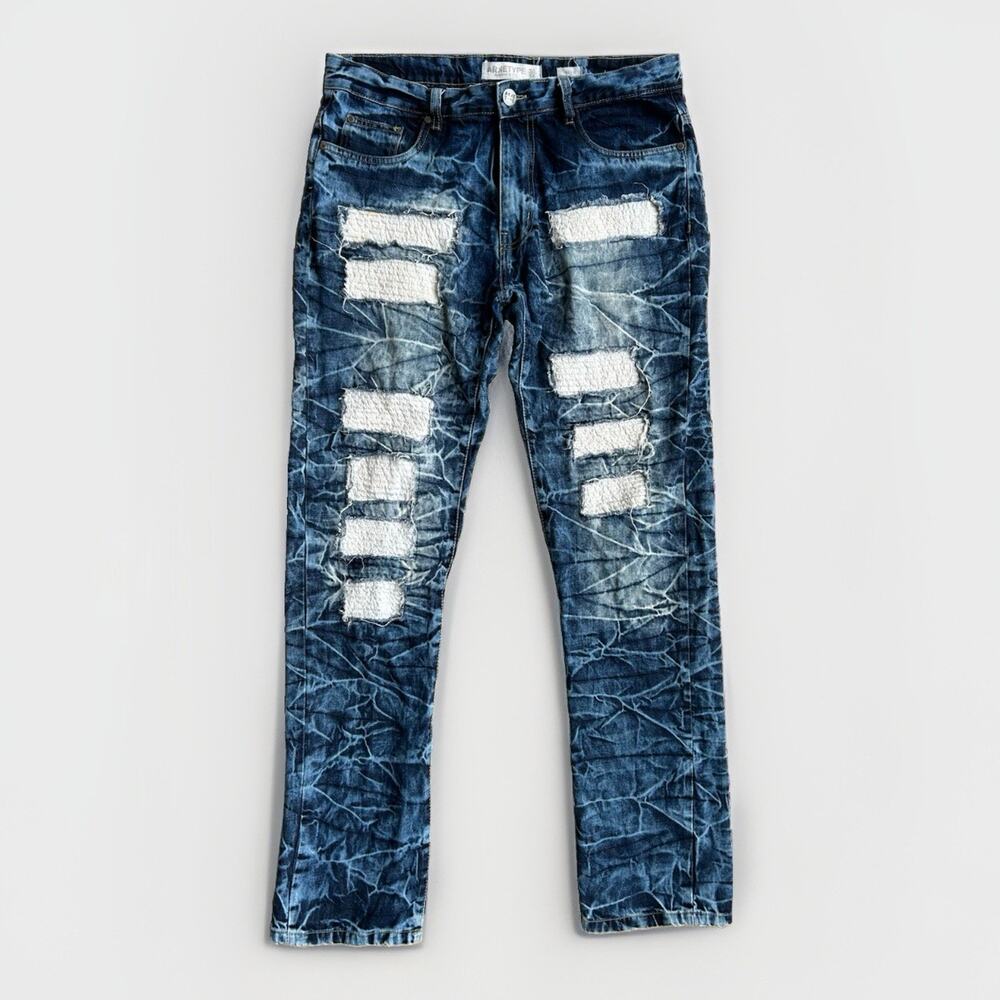 Arketype Slim Straight Jeans Men's 38x34 Distressed Acid Crinkle Wash Streetwear
